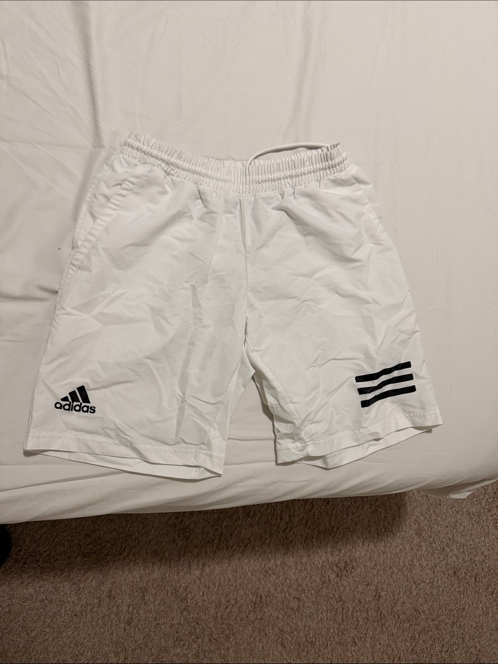 adidas Men’s White Athletic Shorts with Black Logo and Stripes